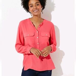 Loft Women's Geranium Coral‎ Pink Henley Utility Long Sleeve Blouse Small